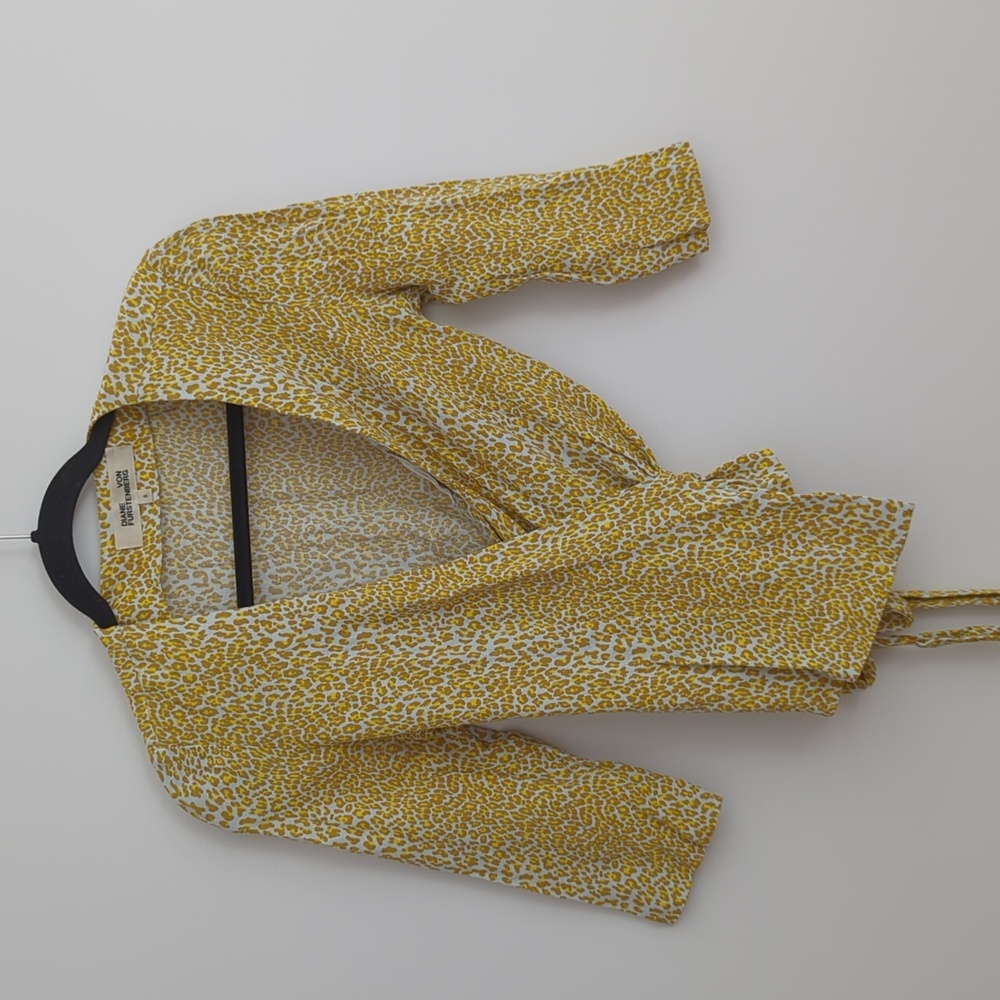 DVF Wrap Blouse / Yellow & Baby Blue Leopard Print / Size S